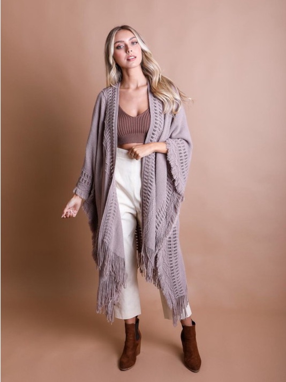 155.. Boho Knit Poncho Sweater - grey